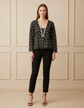Women’s Black Cotton Kurti with White Floral Block Print & Tassel V-Neck