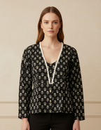 Women’s Black Cotton Kurti with White Floral Block Print & Tassel V-Neck