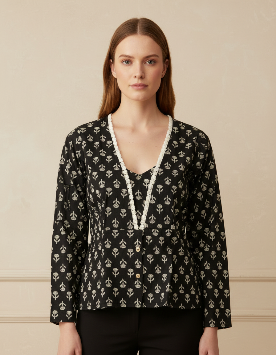 Women’s Black Cotton Kurti with White Floral Block Print & Tassel V-Neck