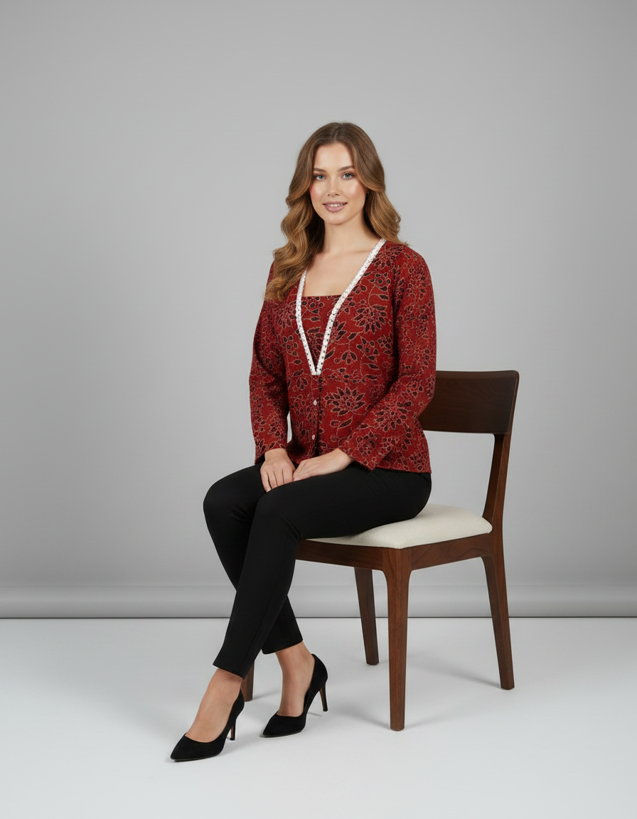 Women's Rust Orange Botanical Print Tunic Top with Lace V-Neck