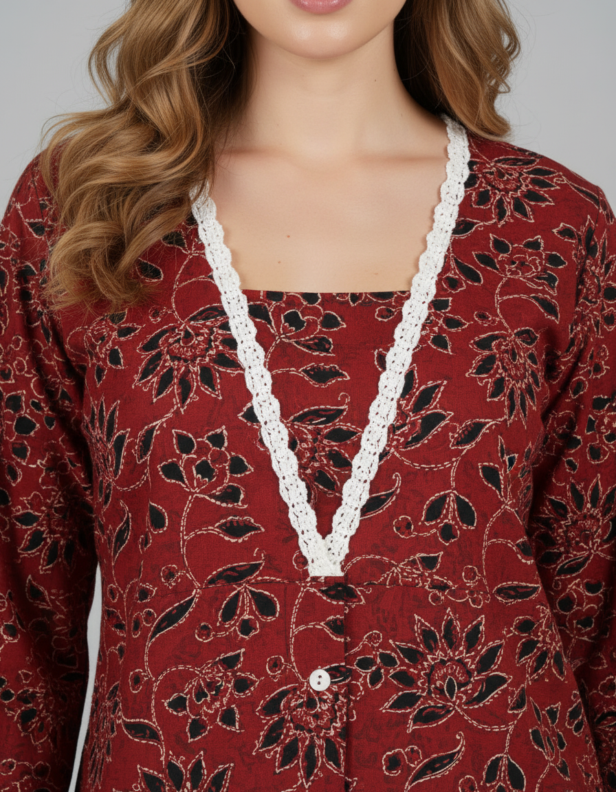 Women's Rust Orange Botanical Print Tunic Top with Lace V-Neck