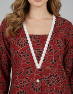 Women's Rust Orange Botanical Print Tunic Top with Lace V-Neck
