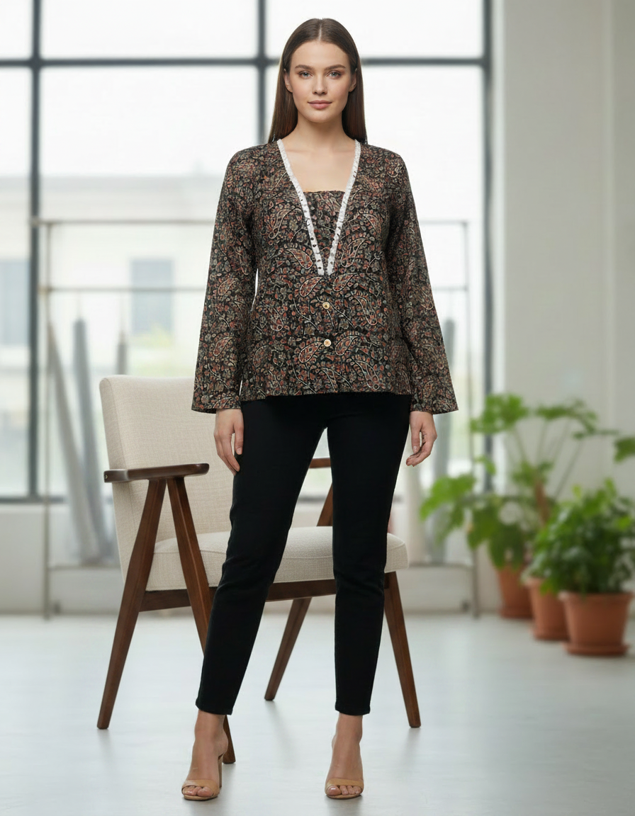 Bohemian Black Paisley Layered-Look V-Neck Tunic