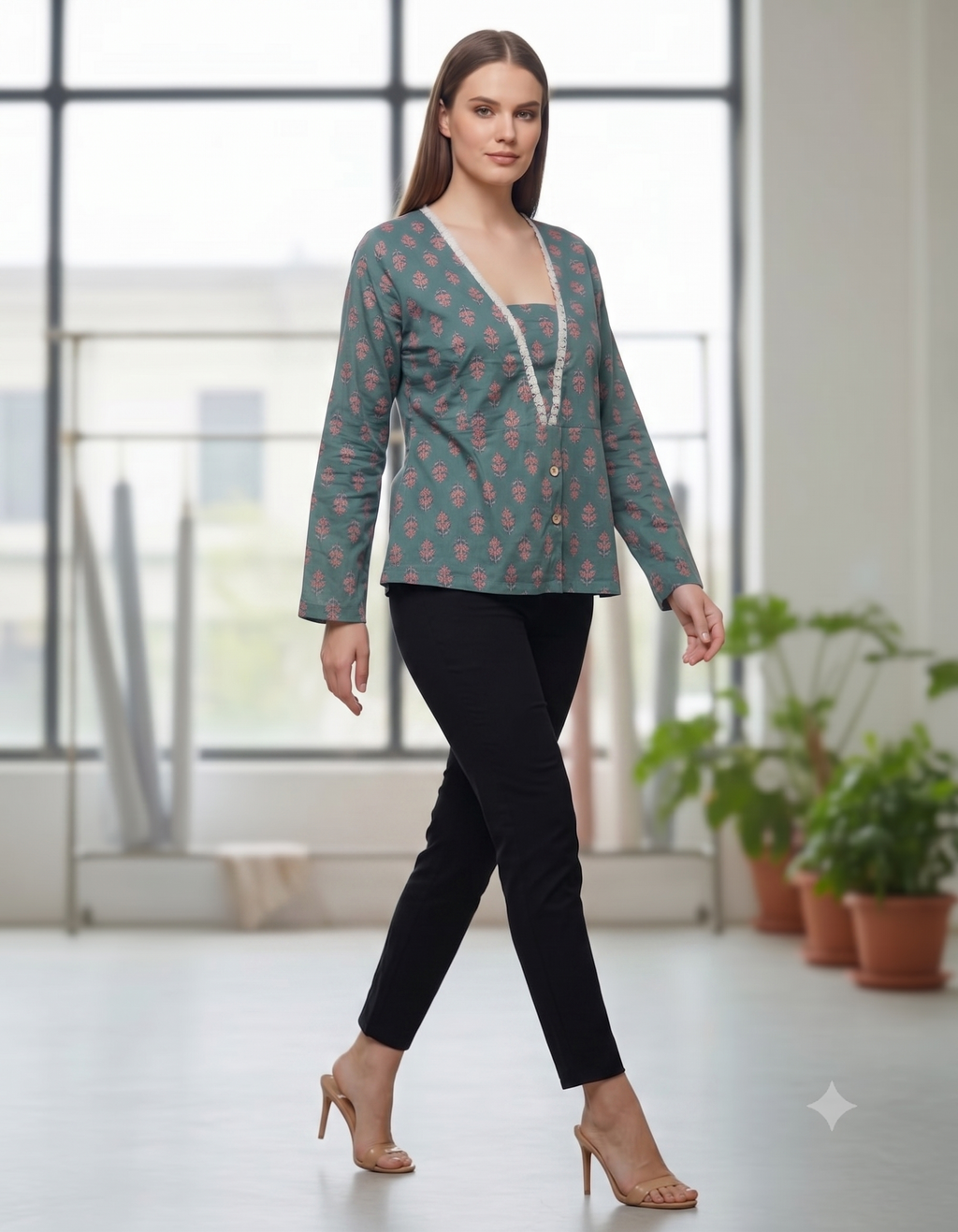 Teal Bloom V-Neck Short Kurti with Fringe Lace