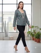 Teal Bloom V-Neck Short Kurti with Fringe Lace