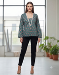Teal Bloom V-Neck Short Kurti with Fringe Lace