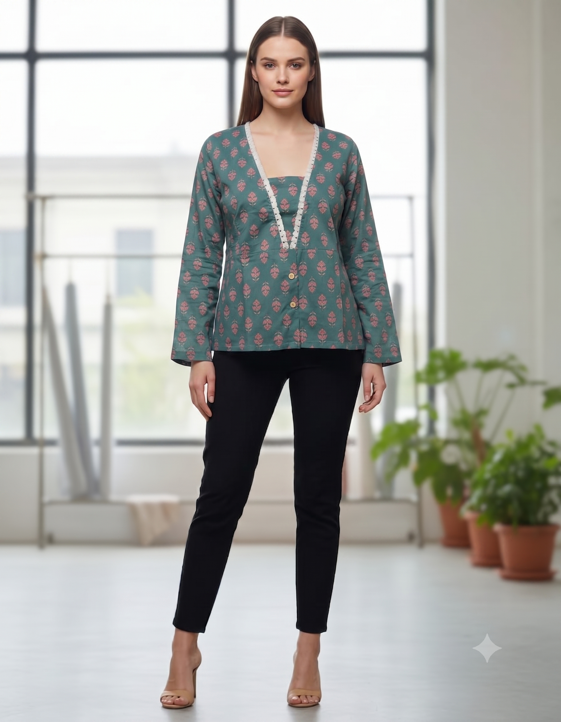 Teal Bloom V-Neck Short Kurti with Fringe Lace
