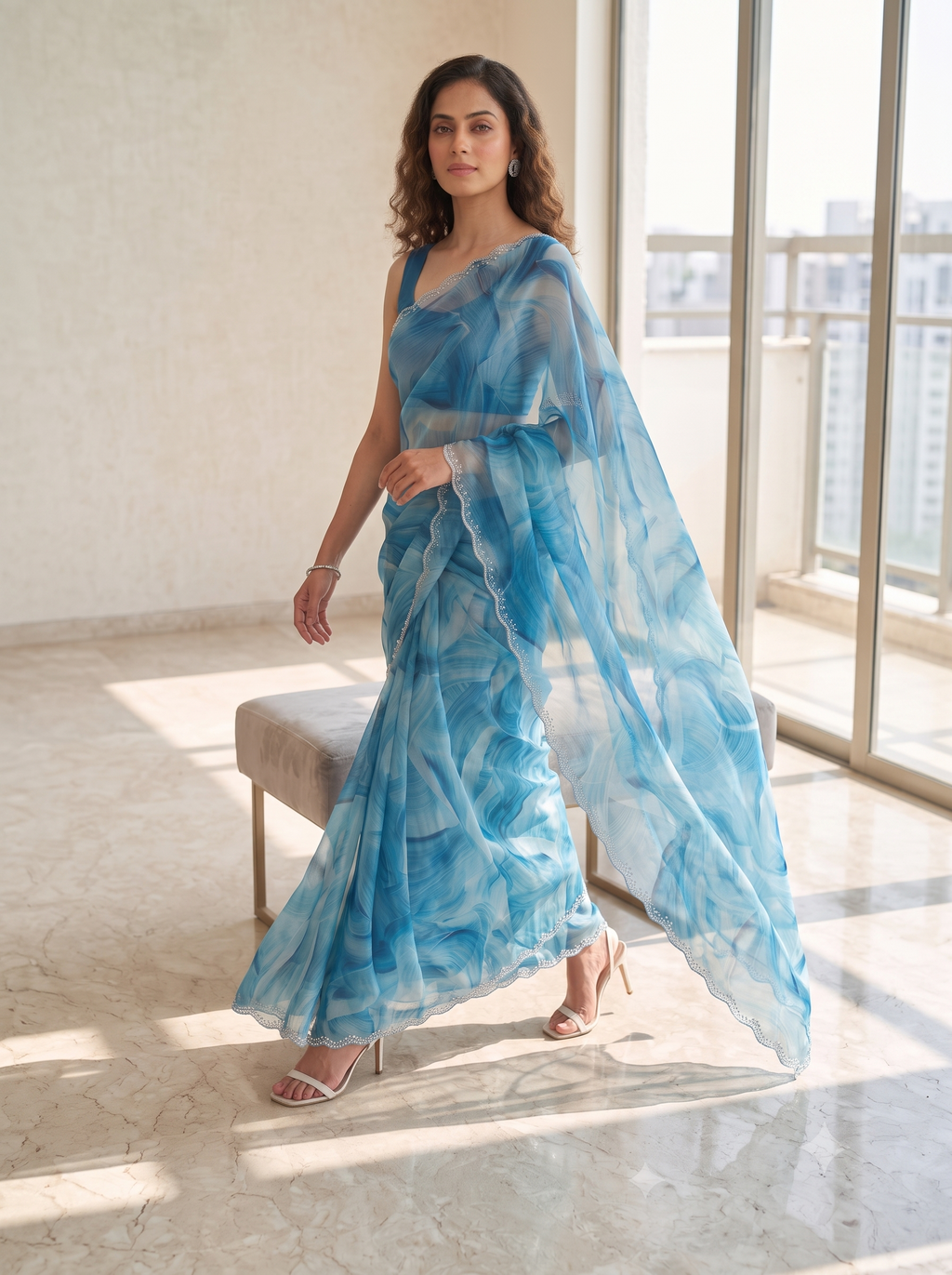 Fash'O'Holic Premium Sky Blue Abstract Print Organza Saree with Stone Lace Border