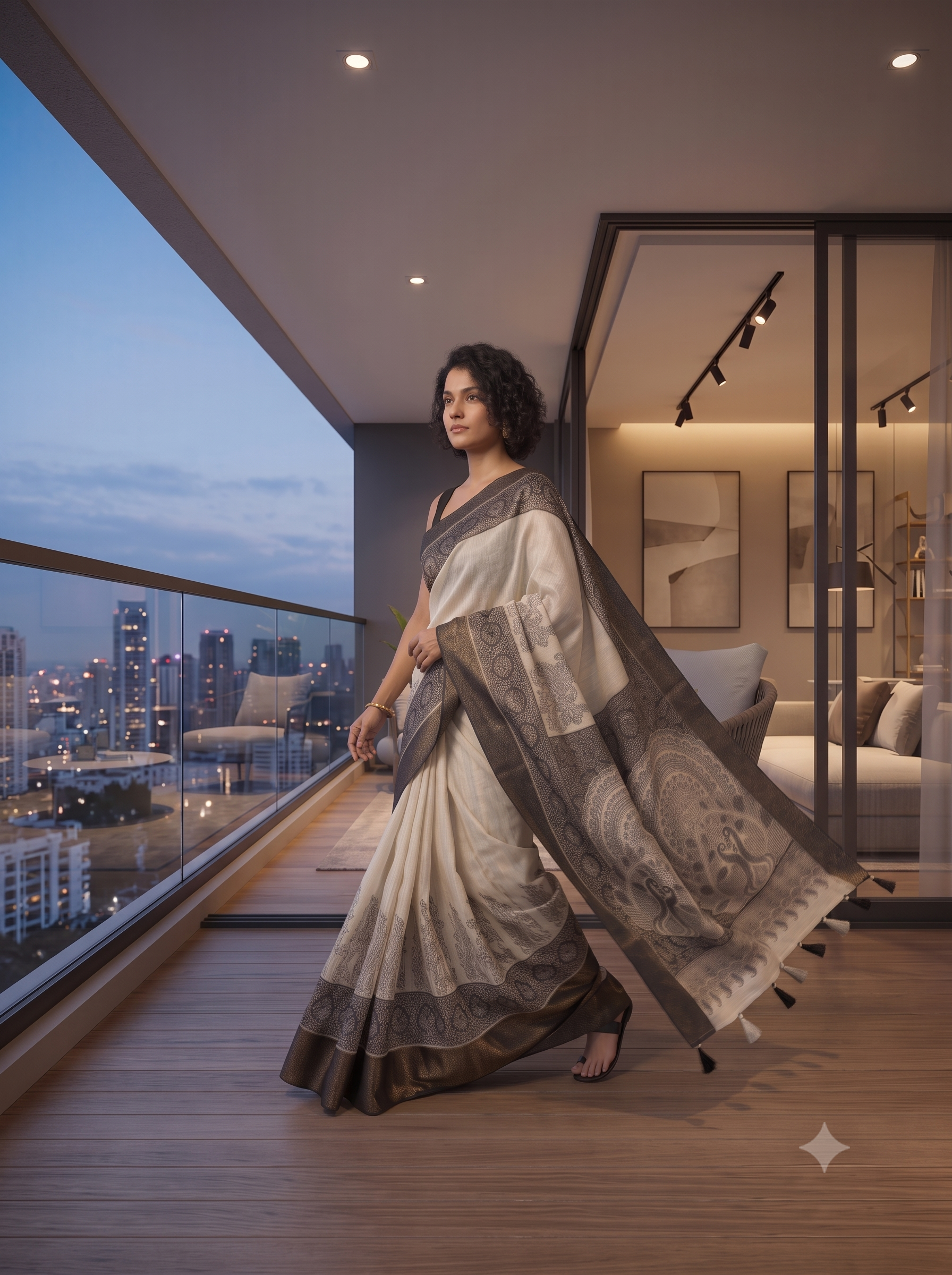Fash'O'Holic Premium Narmada Print Soft Silk Blend Saree – Ivory White & Black