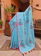 Fash'O'Holic Women's Sky Blue Printed Linen Blend Saree with Tassel Pallu