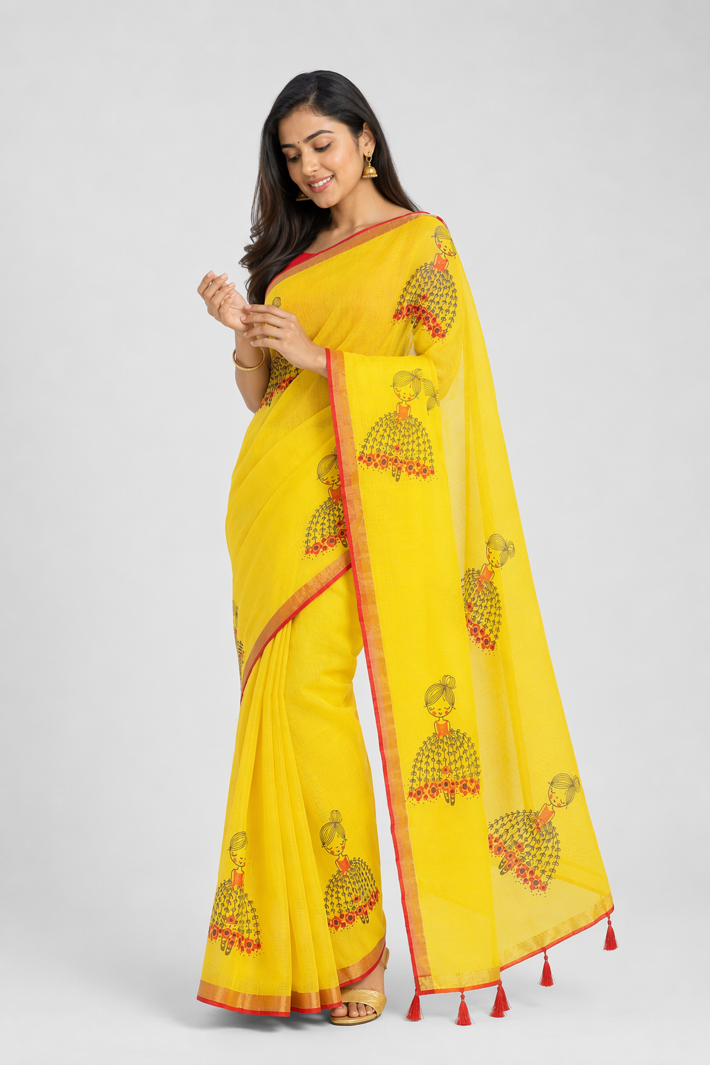Fash'O'Holic Women's Sunshine Yellow Printed Linen Blend Saree with Tassel Pallu