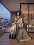 Fash'O'Holic Premium Narmada Print Soft Silk Blend Saree – Ivory White & Black