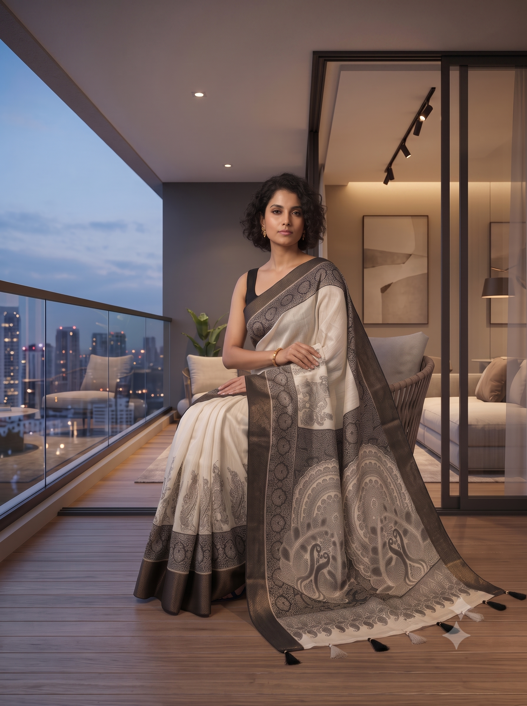 Fash'O'Holic Premium Narmada Print Soft Silk Blend Saree – Ivory White & Black