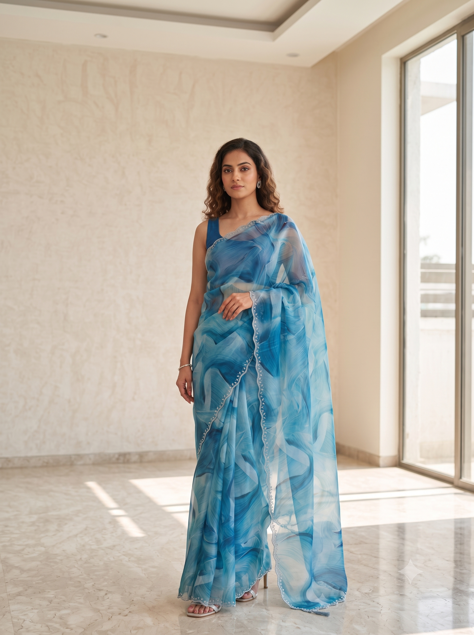 Fash'O'Holic Premium Sky Blue Abstract Print Organza Saree with Stone Lace Border