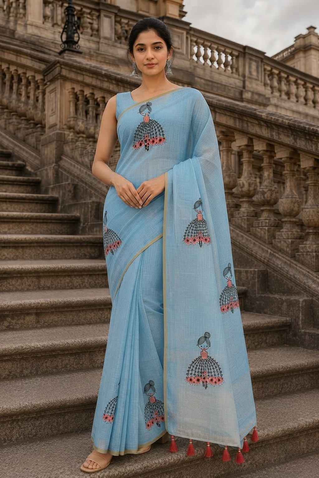 Fash'O'Holic Women's Sky Blue Printed Linen Blend Saree with Tassel Pallu