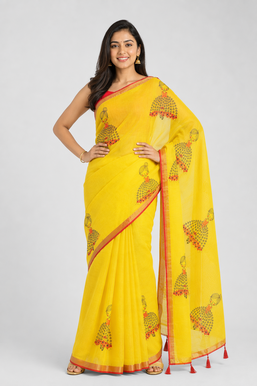 Fash'O'Holic Women's Sunshine Yellow Printed Linen Blend Saree with Tassel Pallu