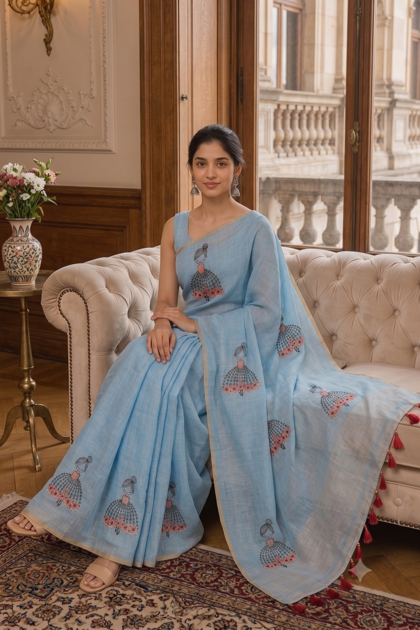 Fash'O'Holic Women's Sky Blue Printed Linen Blend Saree with Tassel Pallu