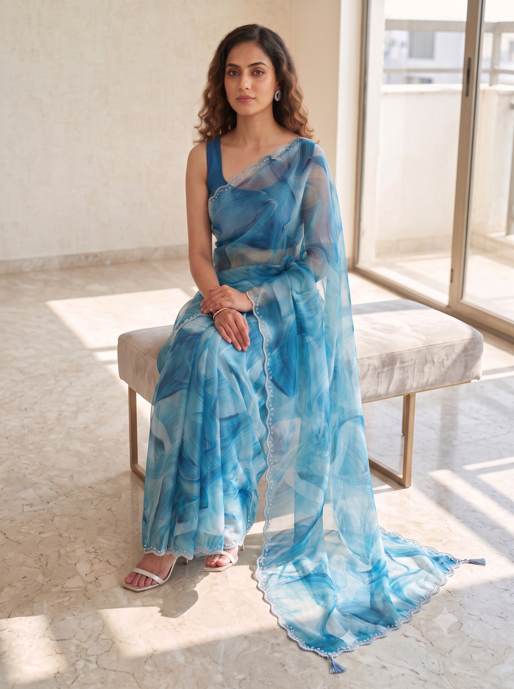 Fash'O'Holic Premium Sky Blue Abstract Print Organza Saree with Stone Lace Border