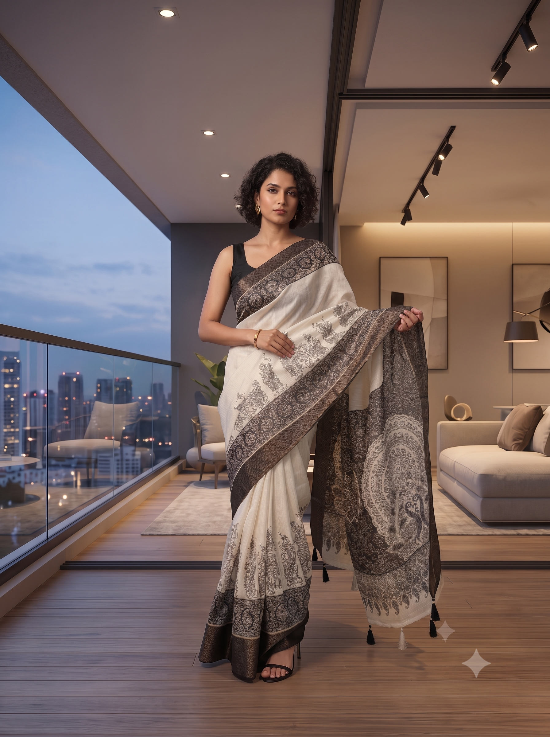 Fash'O'Holic Premium Narmada Print Soft Silk Blend Saree – Ivory White & Black