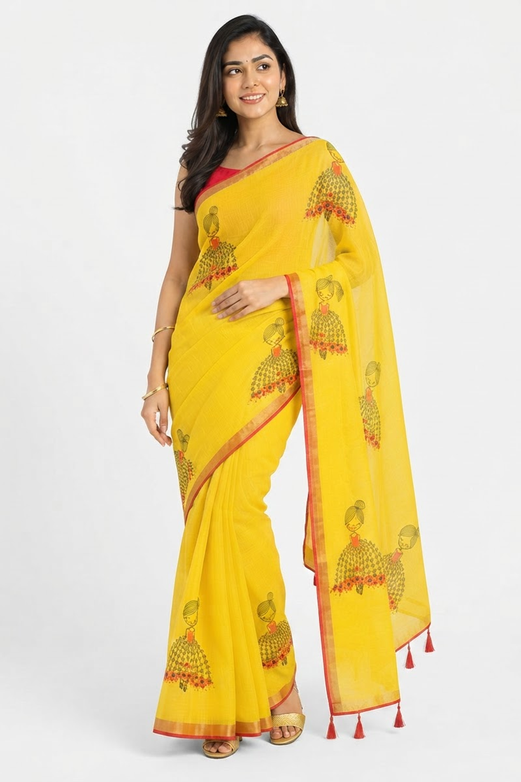 Fash'O'Holic Women's Sunshine Yellow Printed Linen Blend Saree with Tassel Pallu
