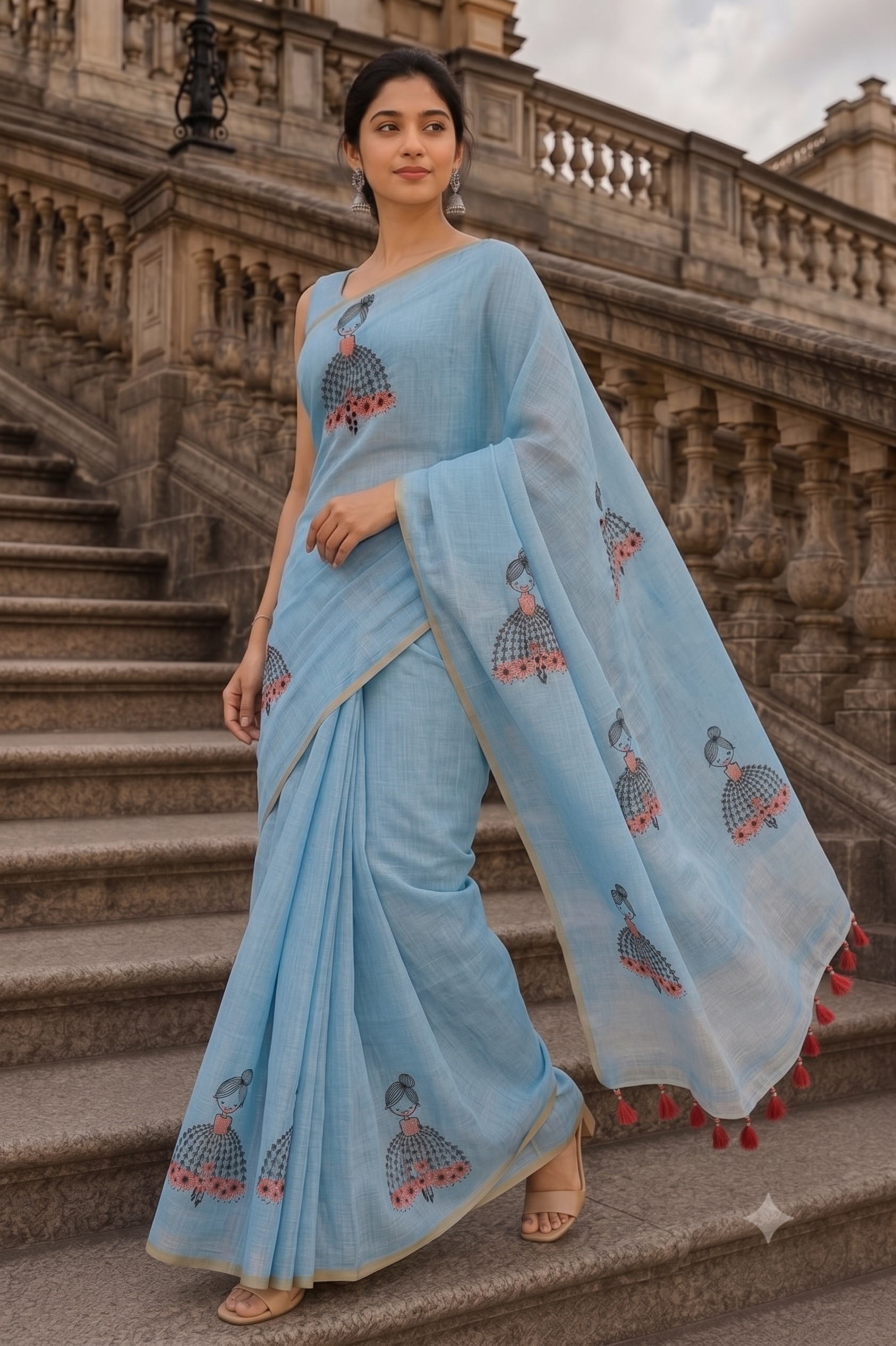 Fash'O'Holic Women's Sky Blue Printed Linen Blend Saree with Tassel Pallu