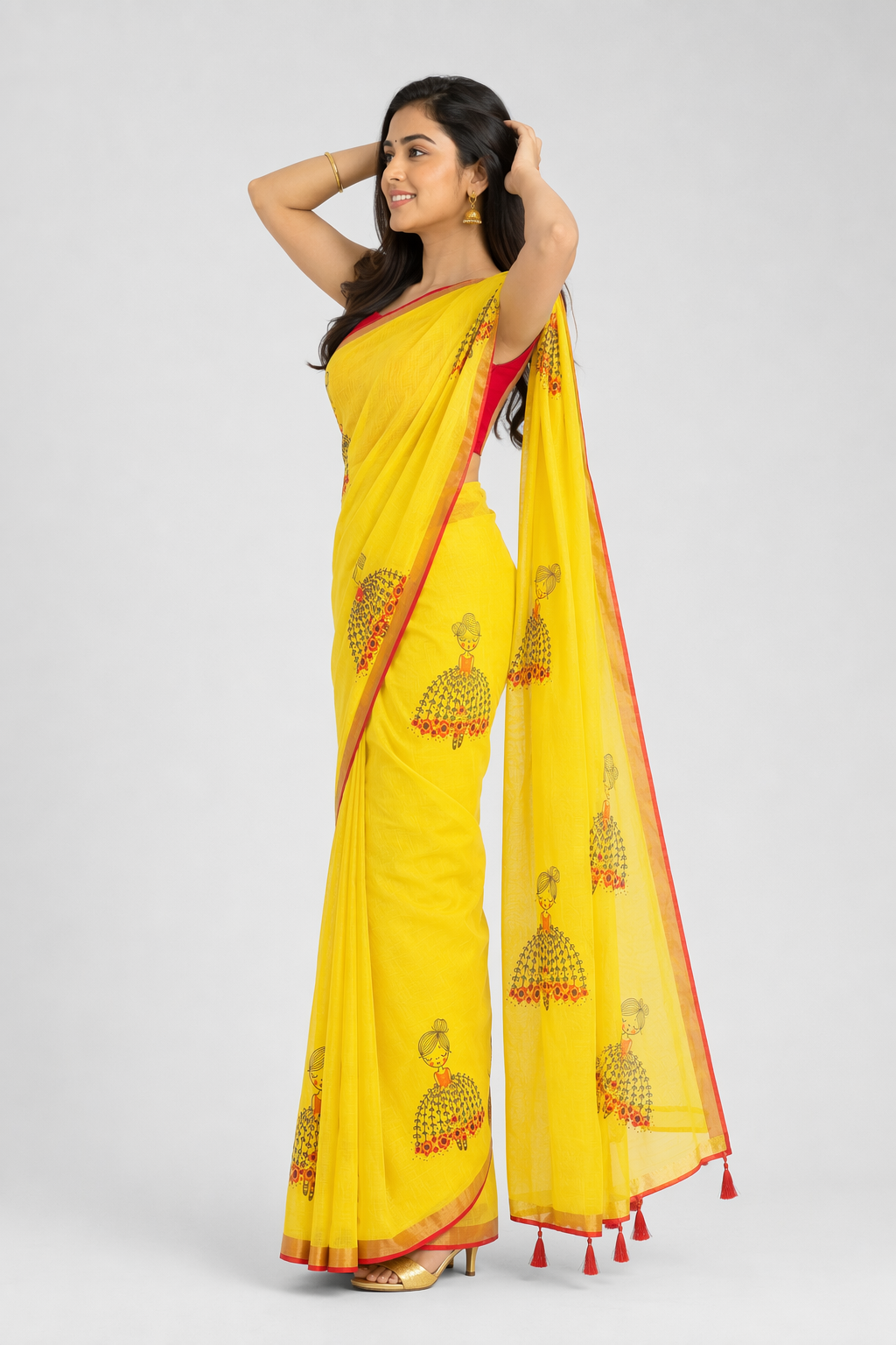 Fash'O'Holic Women's Sunshine Yellow Printed Linen Blend Saree with Tassel Pallu