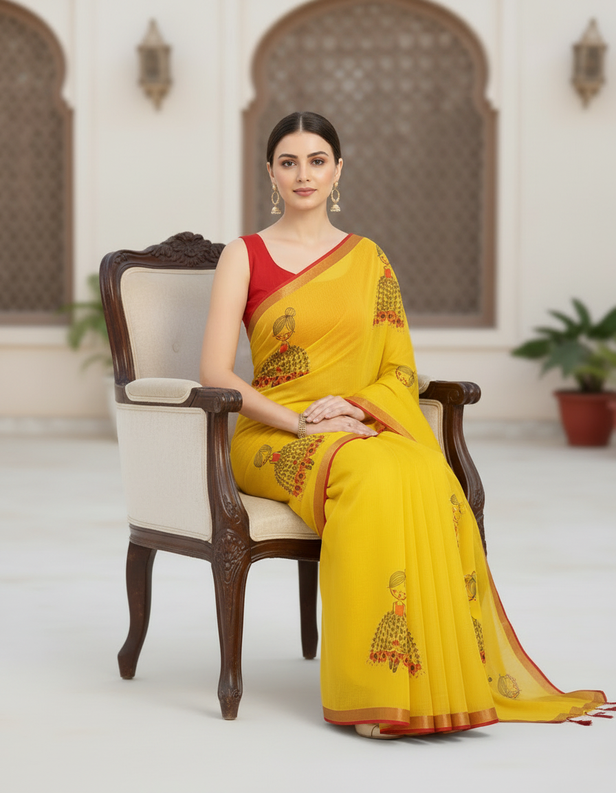 Fash'O'Holic Women's Sunshine Yellow Printed Linen Blend Saree with Tassel Pallu