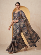 Fash'O'Holic Premium Heritage Patchwork Print Soft Silk Blend Saree – Charcoal Black