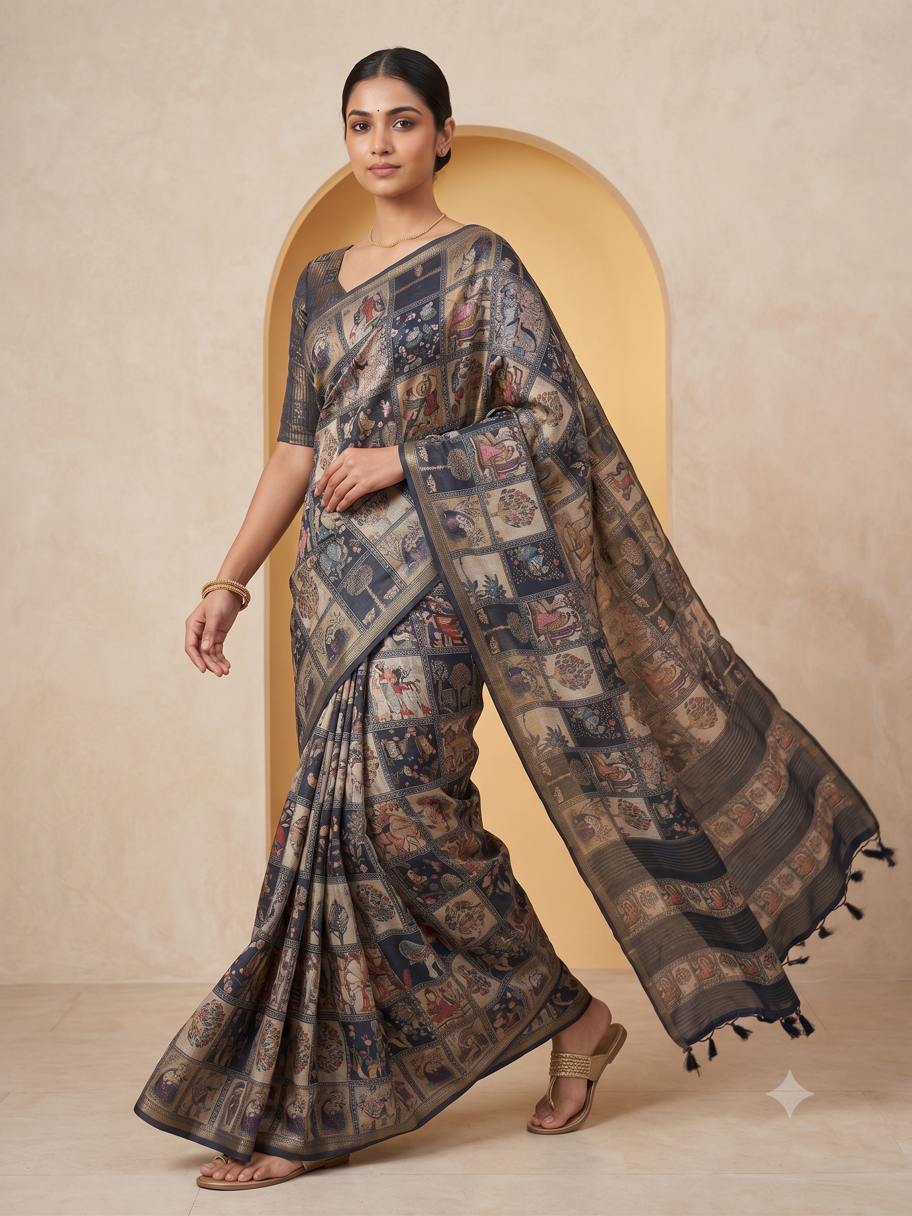 Fash'O'Holic Premium Heritage Patchwork Print Soft Silk Blend Saree – Charcoal Black
