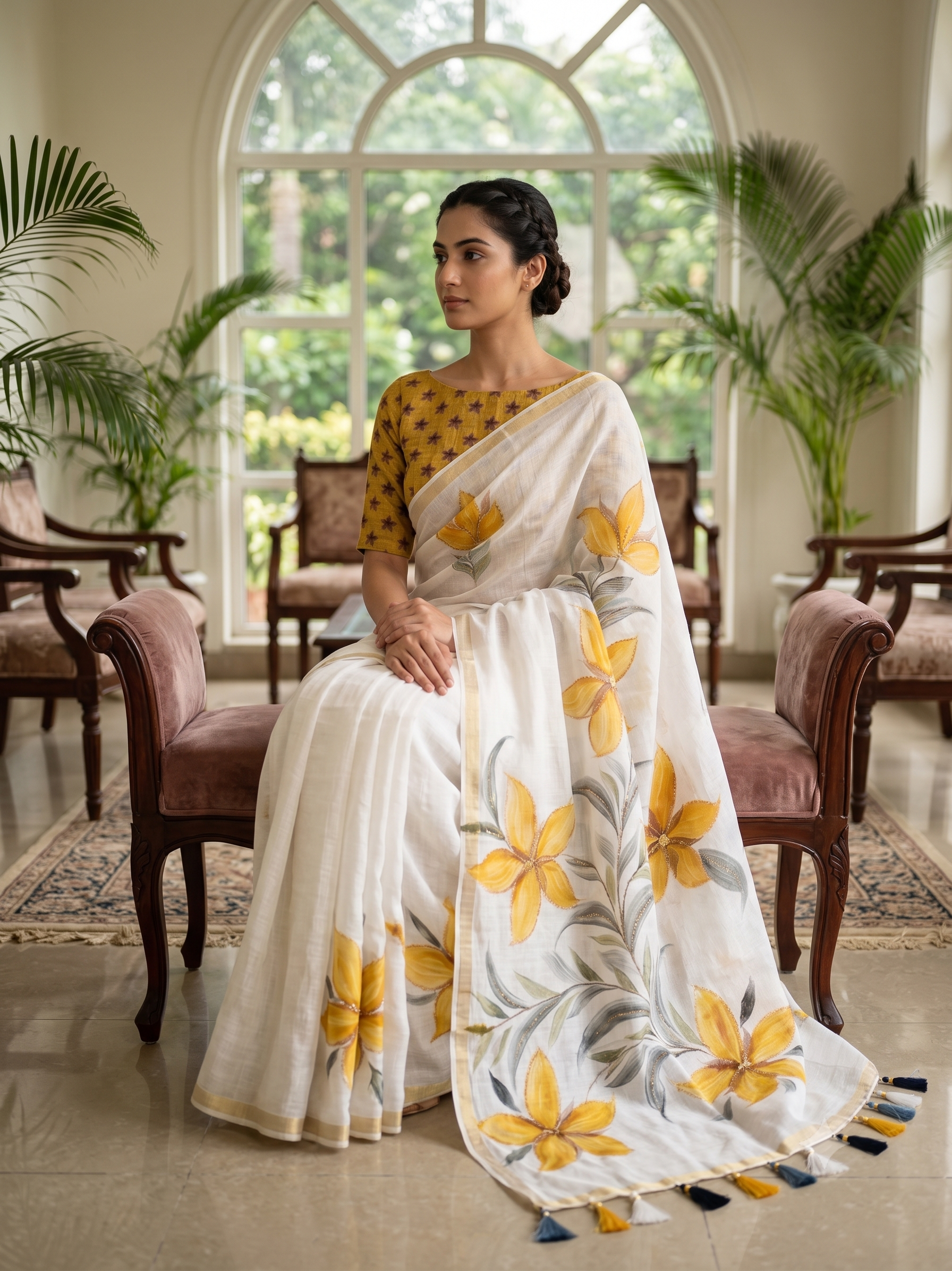 Fash'O'Holic Women's Premium White & Mustard Floral Printed Linen Blend Saree with Tassel Pallu