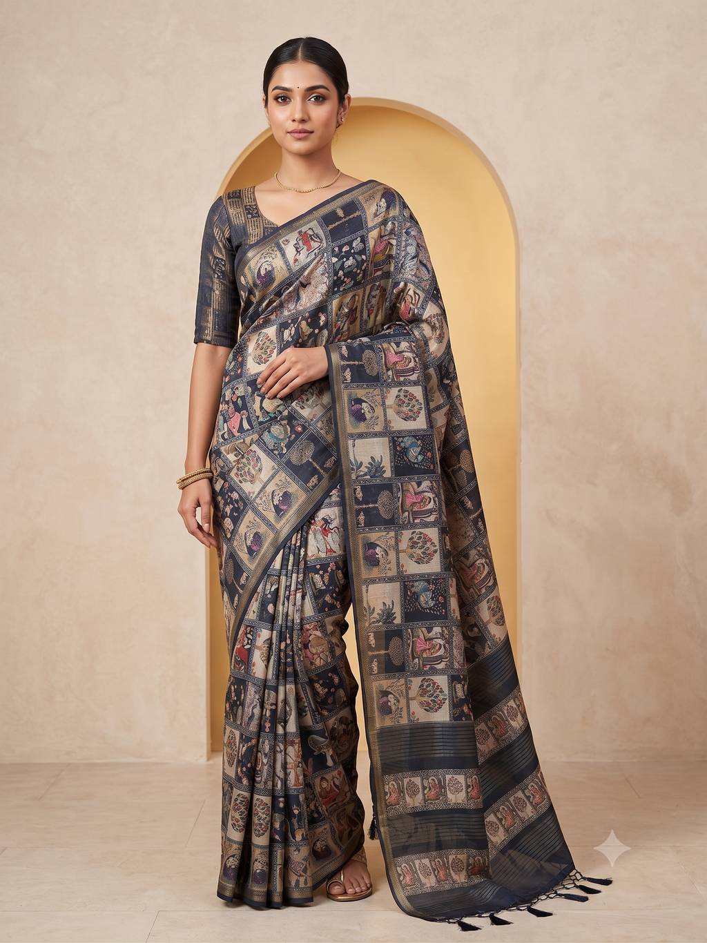Fash'O'Holic Premium Heritage Patchwork Print Soft Silk Blend Saree – Charcoal Black