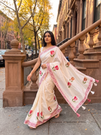 Hand-Painted Floral Ivory Saree with Artistic Border