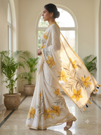 Fash'O'Holic Women's Premium White & Mustard Floral Printed Linen Blend Saree with Tassel Pallu