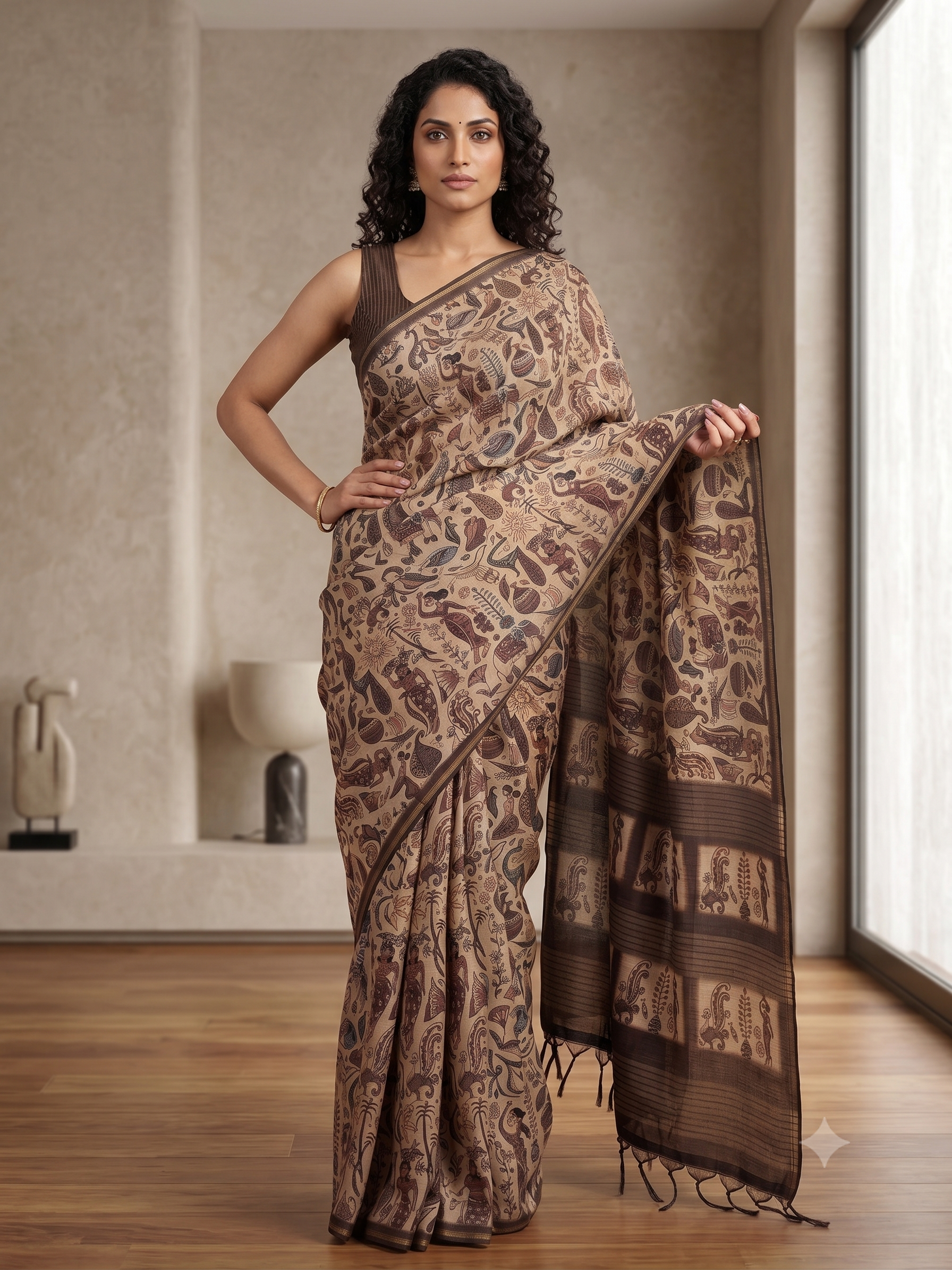 Fash'O'Holic Premium Coffee Brown Soft Silk Blend Printed Saree with Tassels