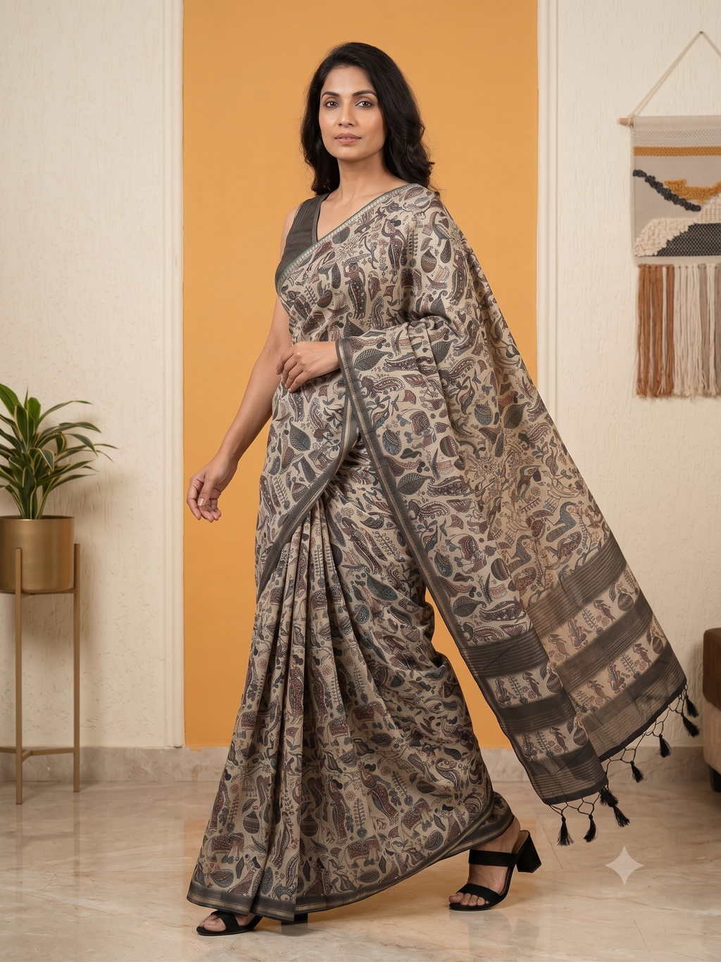 Fash'O'Holic Premium Olive Green Soft Silk Blend Printed Saree with Tassels