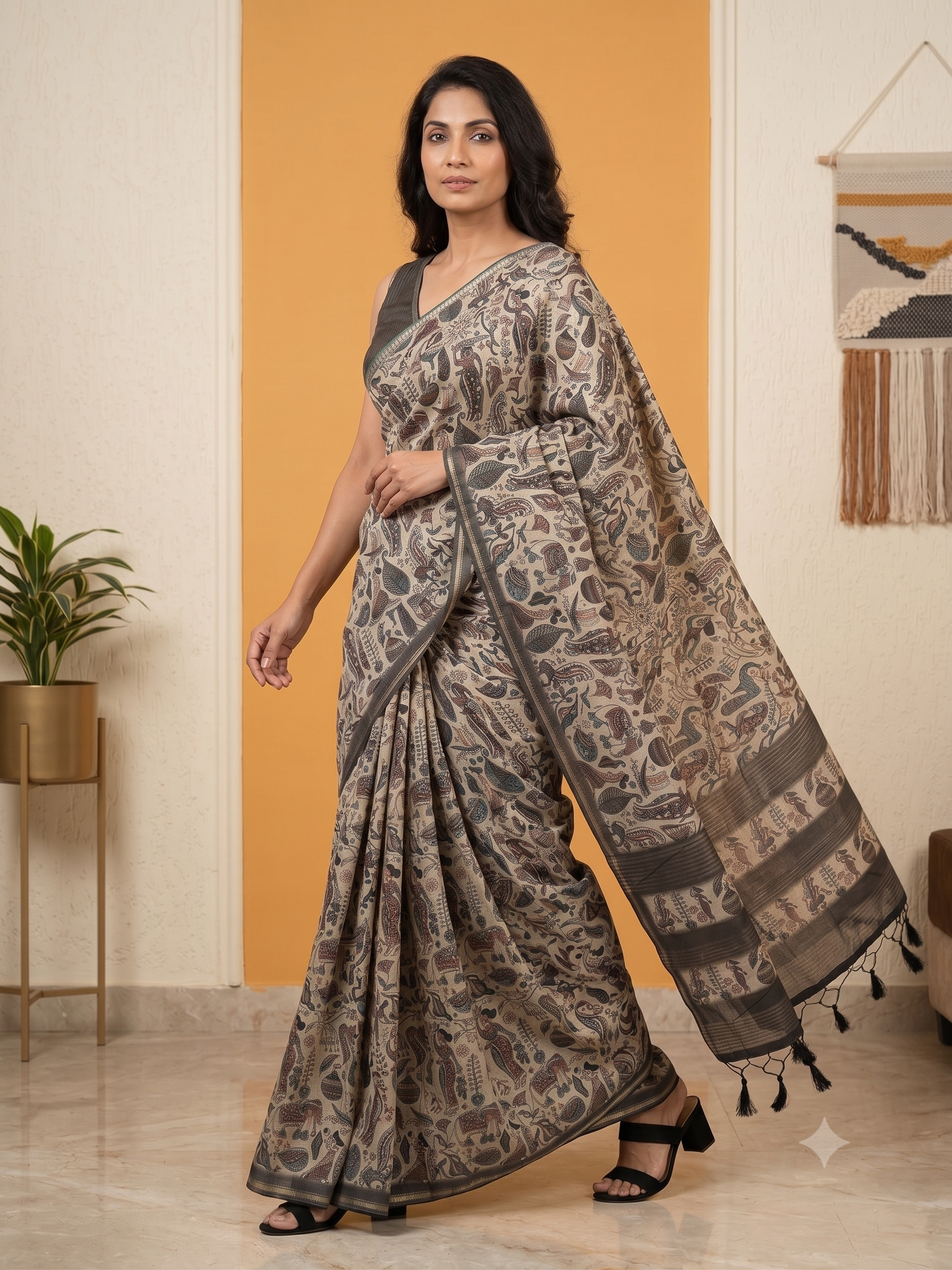 Fash'O'Holic Premium Olive Green Soft Silk Blend Printed Saree with Tassels