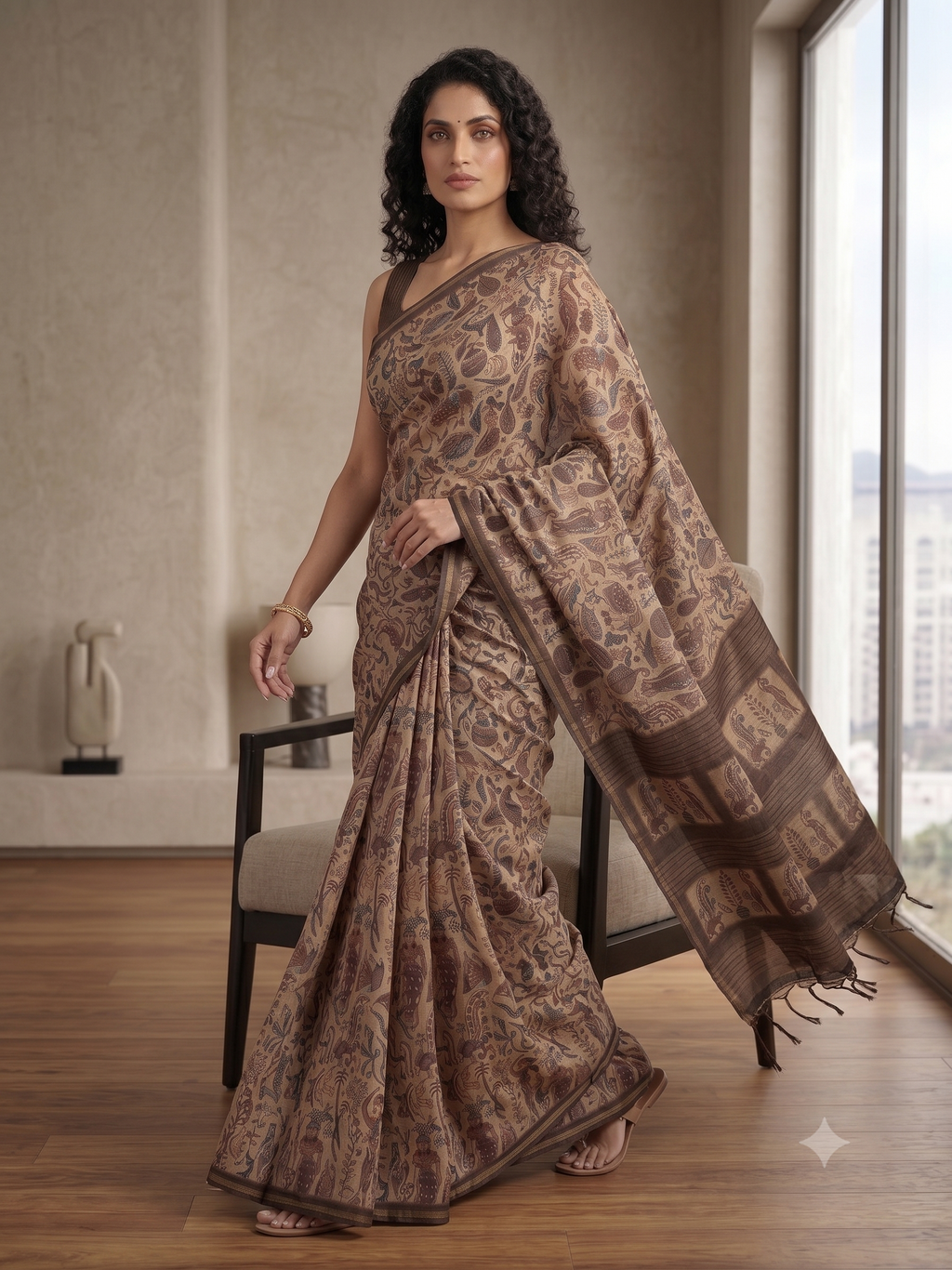 Fash'O'Holic Premium Coffee Brown Soft Silk Blend Printed Saree with Tassels