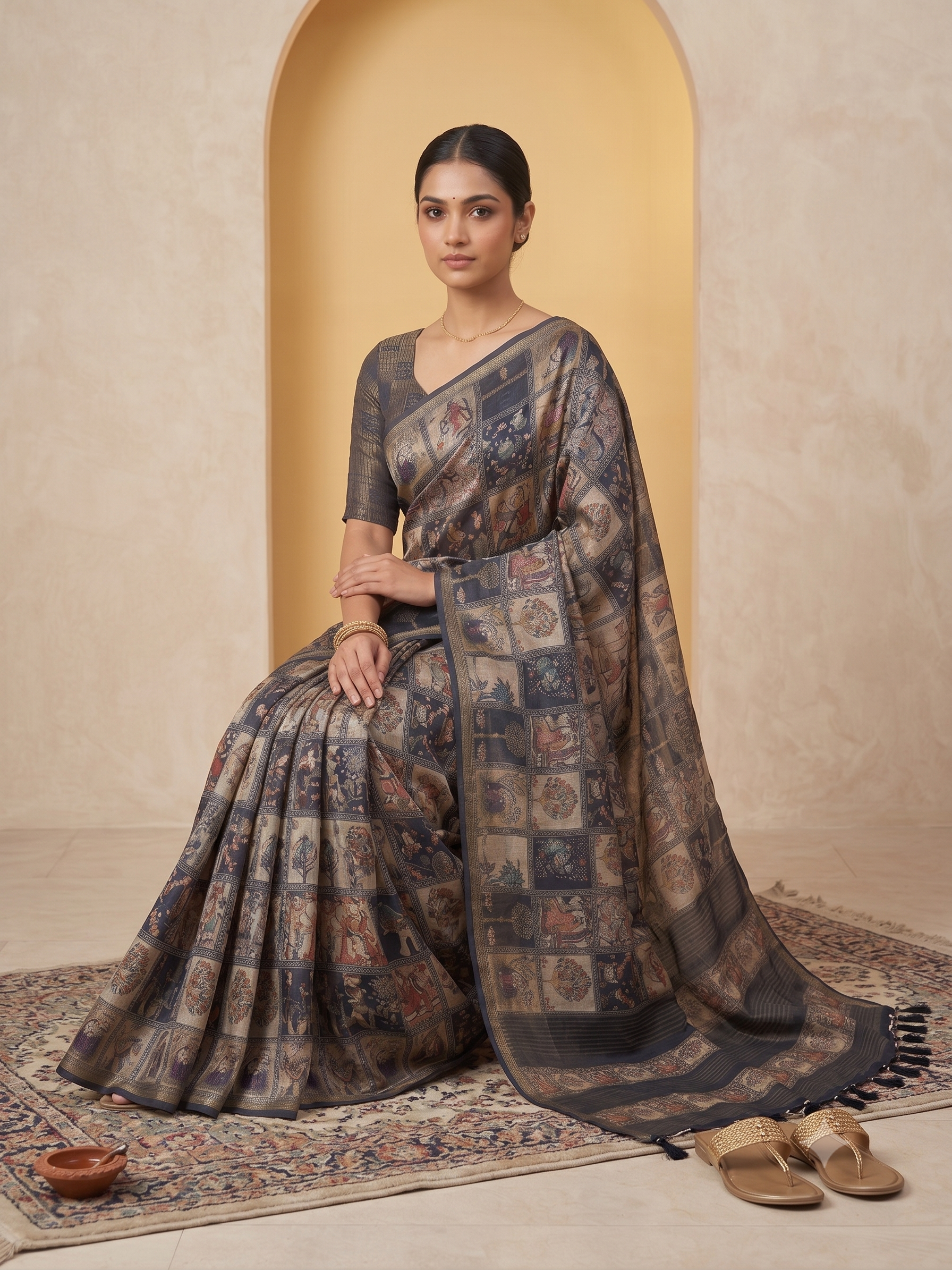 Fash'O'Holic Premium Heritage Patchwork Print Soft Silk Blend Saree – Charcoal Black