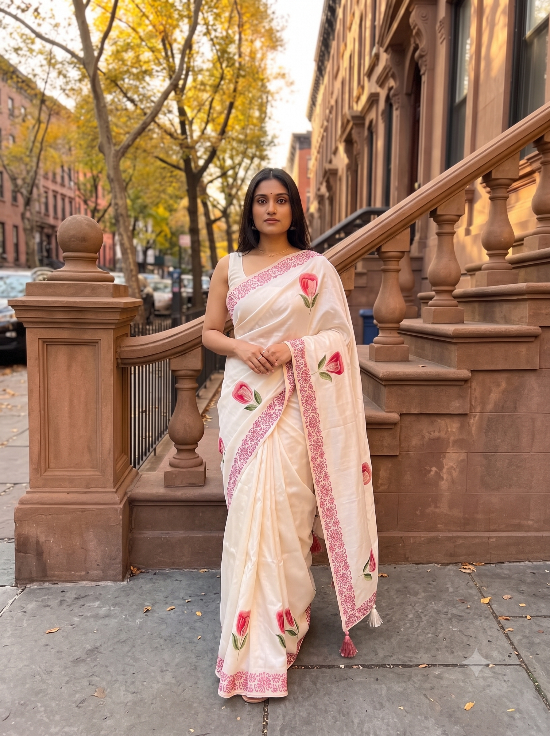 Hand-Painted Floral Ivory Saree with Artistic Border