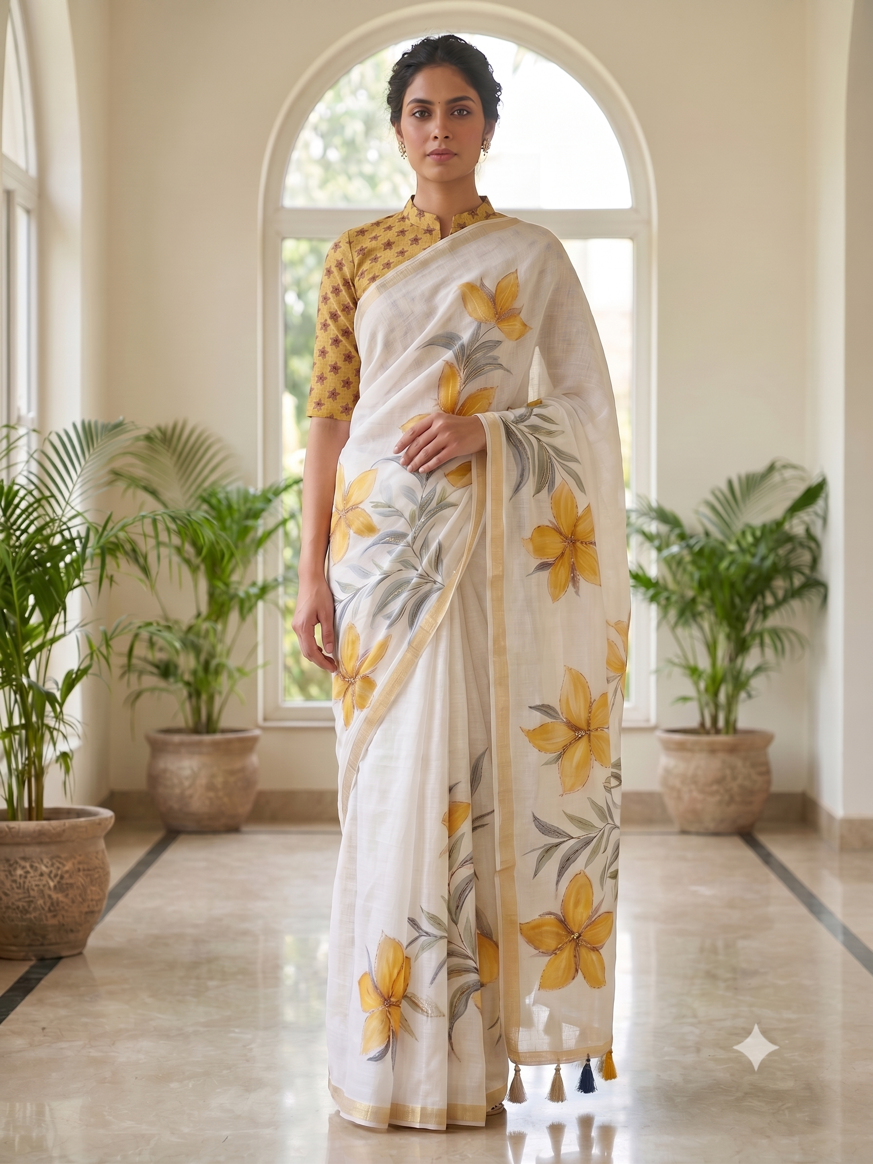 Fash'O'Holic Women's Premium White & Mustard Floral Printed Linen Blend Saree with Tassel Pallu