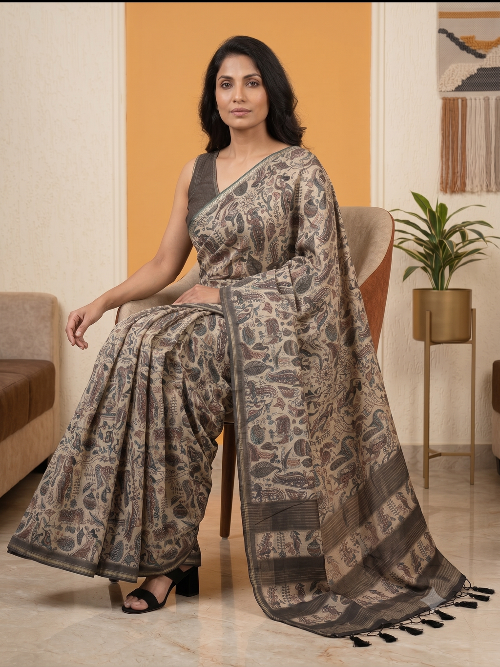 Fash'O'Holic Premium Olive Green Soft Silk Blend Printed Saree with Tassels